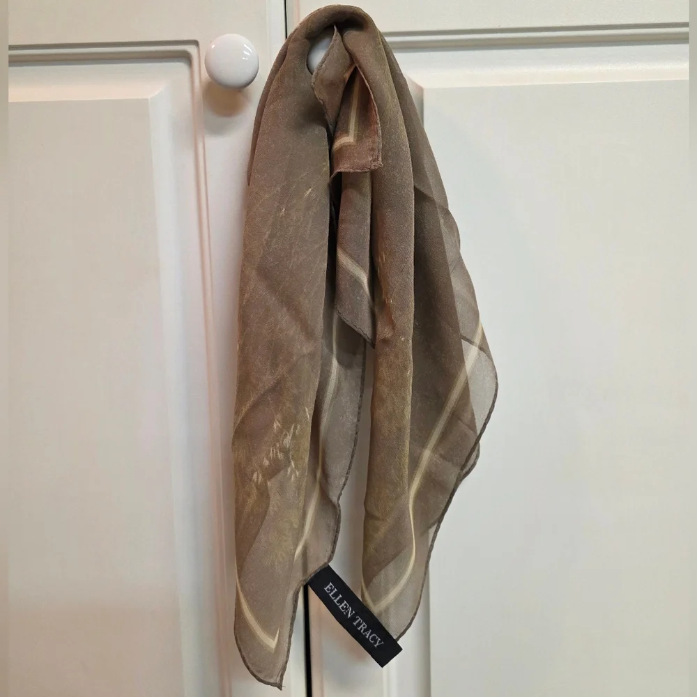 Ellen Tracy Taupe Floral Sprig Square Silk Neck Scarf